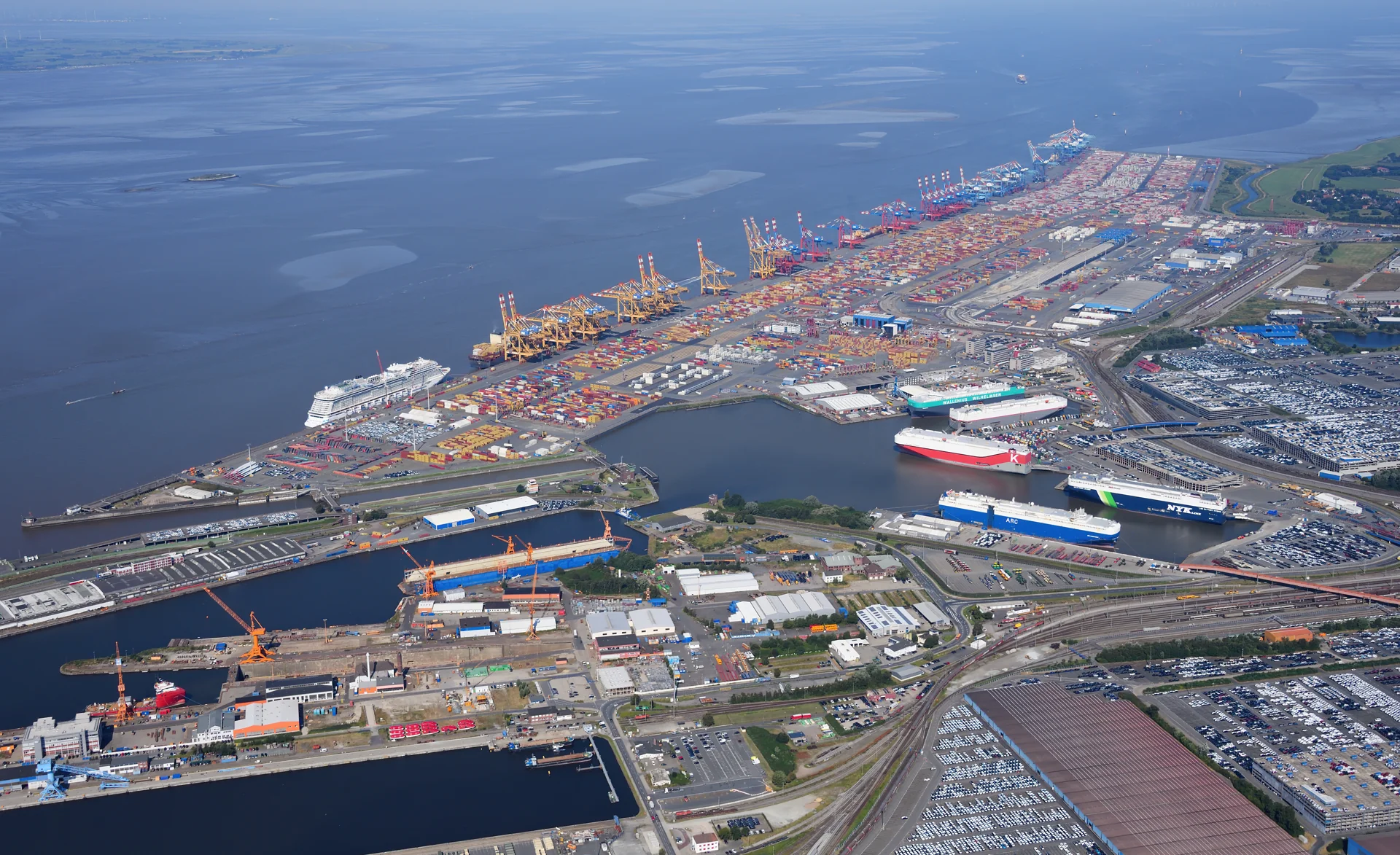 Freight containers and handling equipment at a commercial port